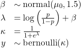 \[\begin{array}{rl}\beta & \sim \text{normal}(\mu_0, 1.5) \\\lambda & = \text{log}\left(\frac{p}{1-p}\right) + \beta\\\kappa & = \frac{1}{1+e^{\lambda}} \\y & \sim \text{bernoulli}(\kappa)\end{equation}\]